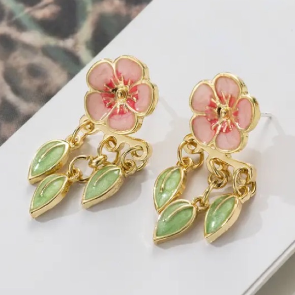 Cherry Blossom Flower with Dangle Leaves Stud Earrings - Picture 4 of 4